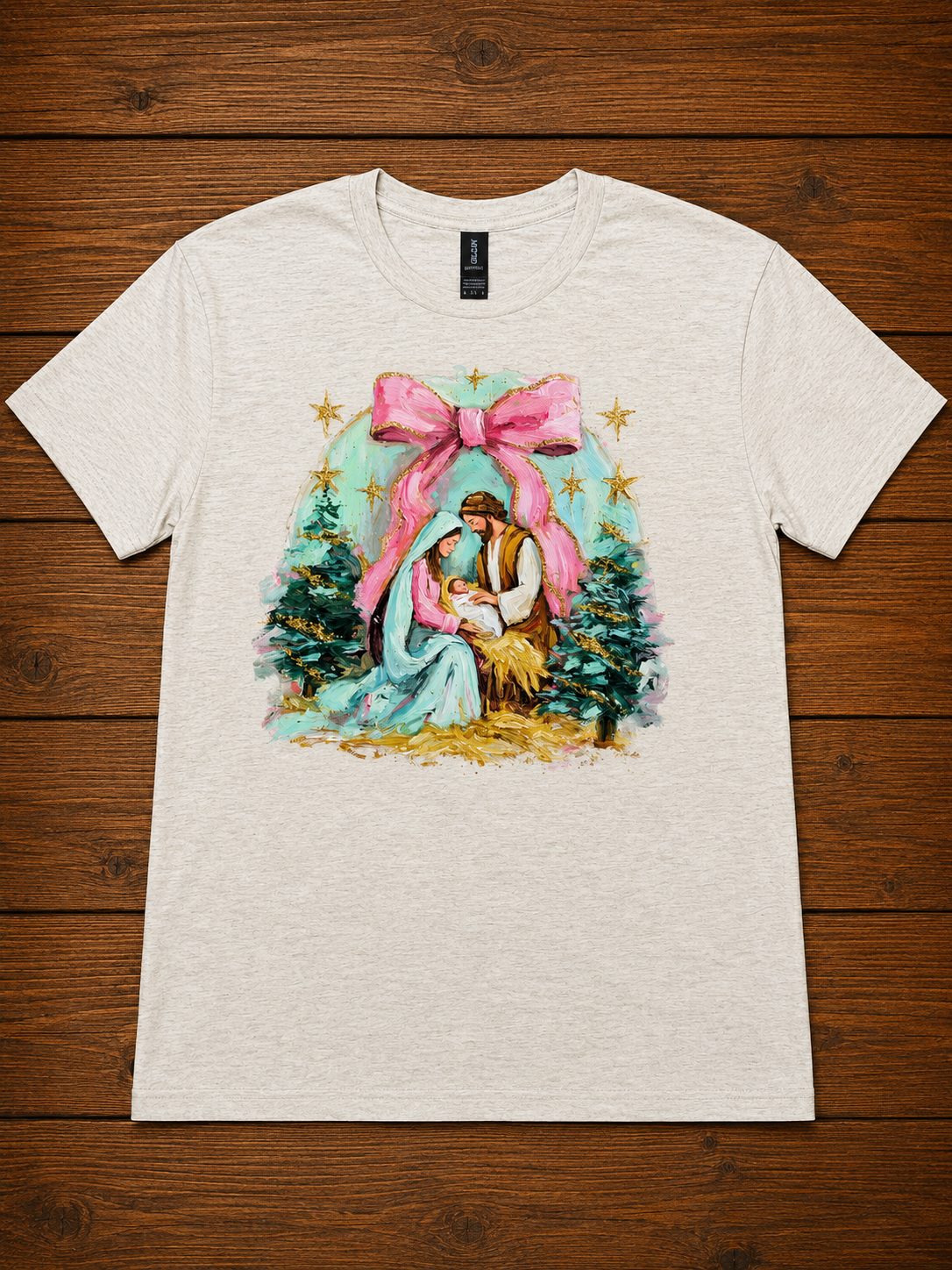 Nativity Pink Bow Christmas T-Shirt