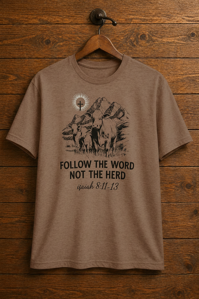 Follow the Word Not the Herd Isaiah 8:11-13 Christian t-shirt in Cocoa Mist — vintage cow and cross design by Pressed in Faith by Anna"