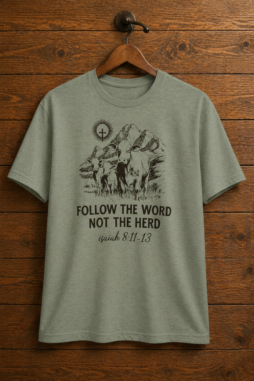 "Follow the Word Not the Herd Isaiah 8:11-13 Christian t-shirt in Heather Military Green — vintage cow and cross design by Pressed in Faith by Anna"