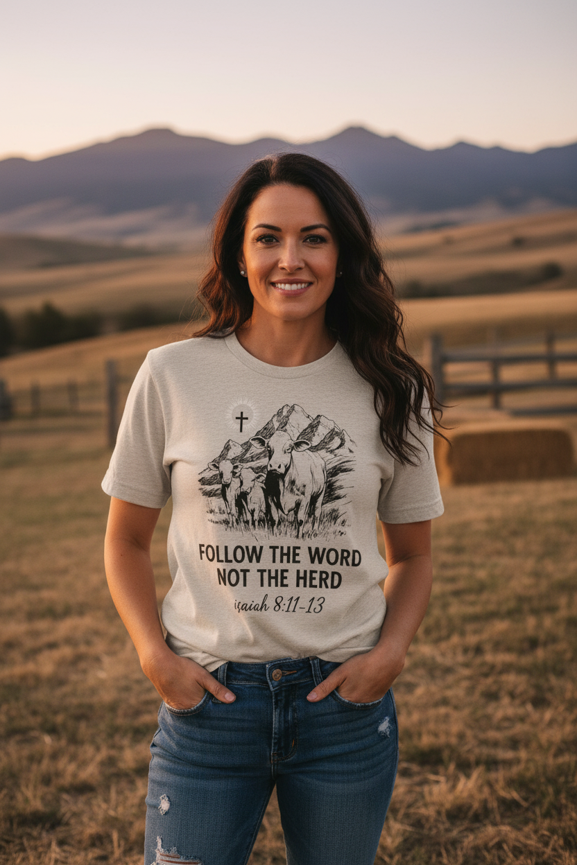 Woman wearing a t-shirt with a motivational quote in a field with mountains in the background