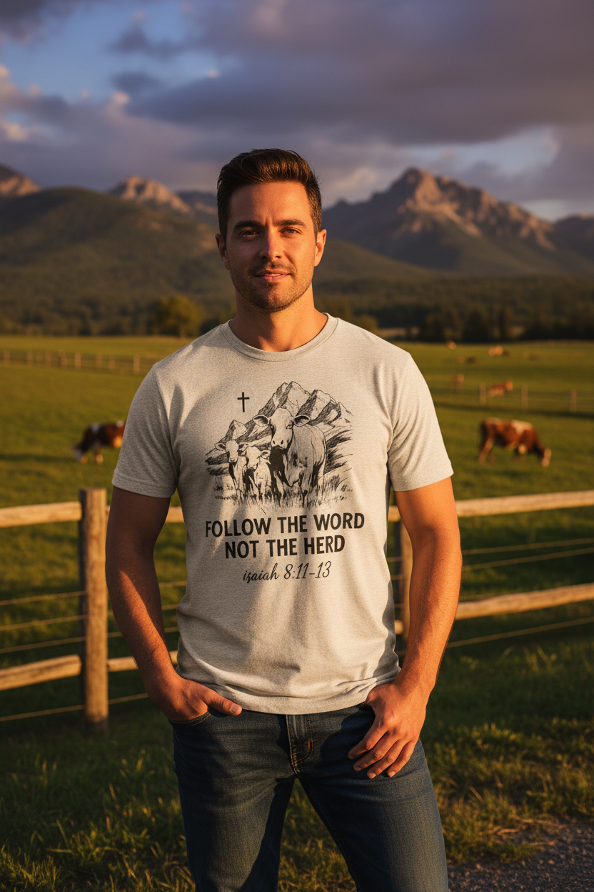 "Man wearing Follow the Word Not the Herd Isaiah 8 Christian graphic tee outdoors in countryside — faith-inspired apparel by Pressed in Faith by Anna"