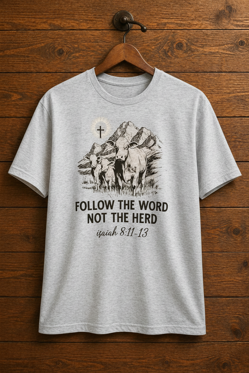 "Follow the Word Not the Herd Isaiah 8:11-13 Christian t-shirt in Sport Grey — vintage cow and cross design by Pressed in Faith by Anna"