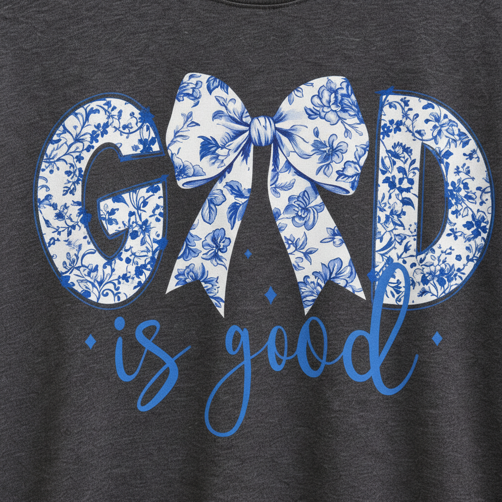 "Close-up of God Is Good graphic — blue and white chinoiserie floral GOD lettering with floral bow detail on Christian faith t-shirt by Pressed in Faith by Anna"
