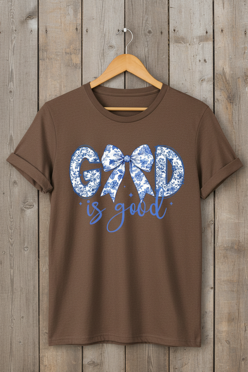 "God Is Good Floral Bow Christian t-shirt in Cocoa Mist — blue chinoiserie floral lettering with bow by Pressed in Faith by Anna"