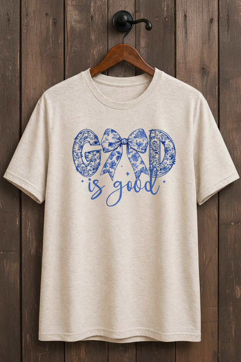  "God Is Good Floral Bow Christian t-shirt in Heather Oatmeal — blue chinoiserie floral lettering with bow by Pressed in Faith by Anna"