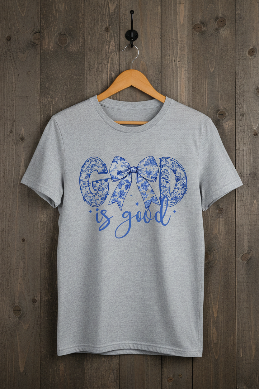  "God Is Good Floral Bow Christian t-shirt in Sport Grey — blue chinoiserie floral lettering with bow by Pressed in Faith by Anna"
