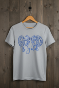  "God Is Good Floral Bow Christian t-shirt in Sport Grey — blue chinoiserie floral lettering with bow by Pressed in Faith by Anna"