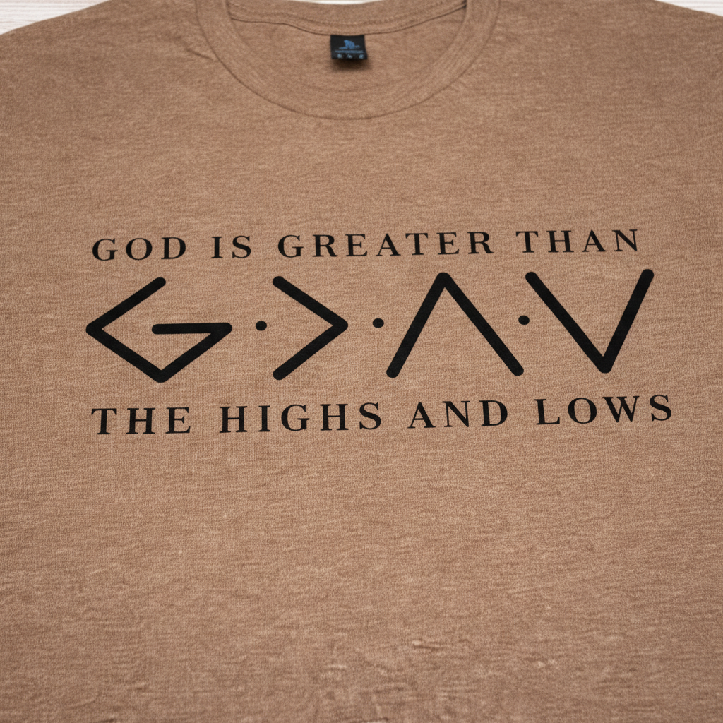 "Close-up of God Is Greater Than The Highs And Lows graphic on Christian t-shirt 