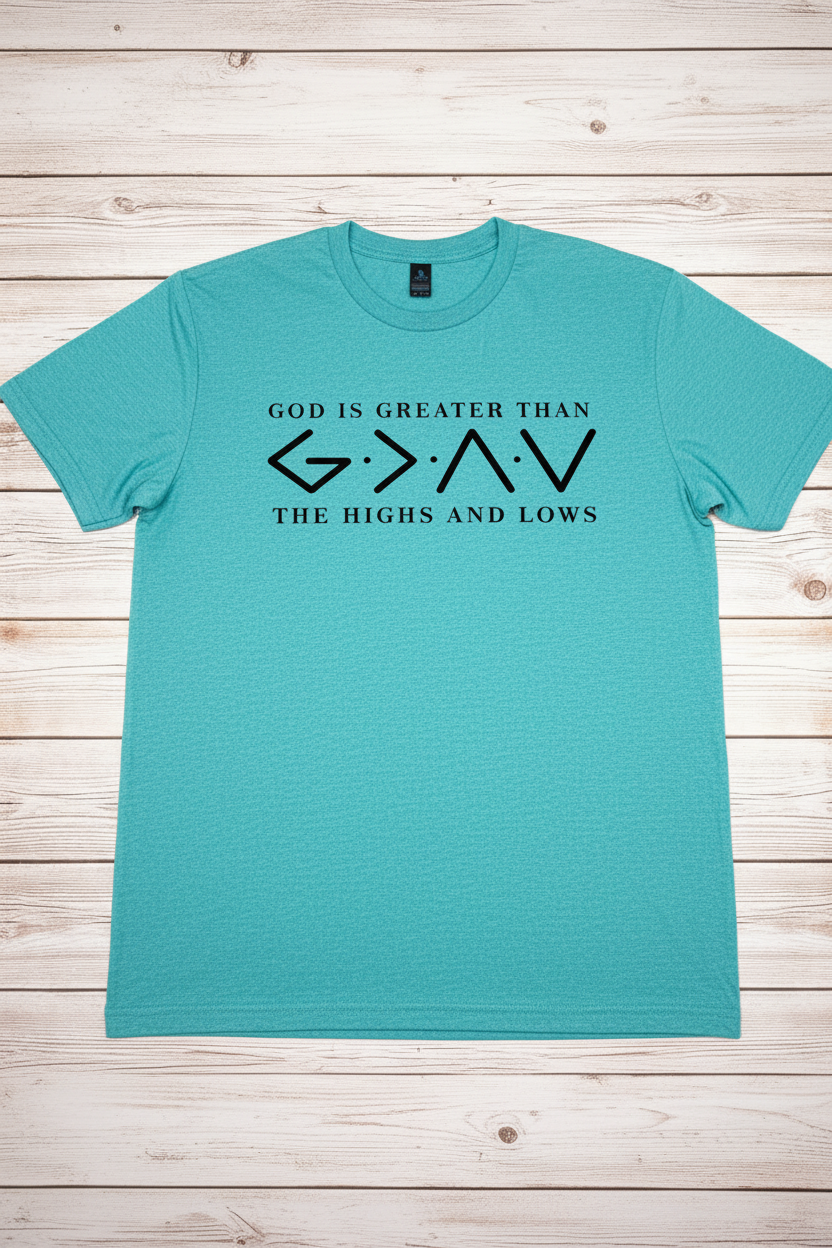 "God Is Greater Than The Highs And Lows Christian t-shirt in Heather Galapagos-Blue