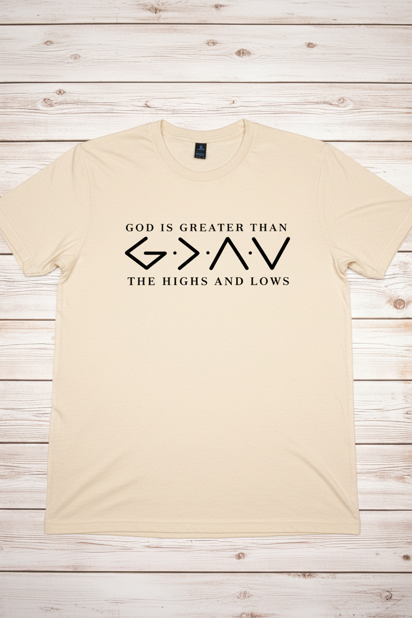 "God Is Greater Than The Highs And Lows Christian t-shirt in Heather Oatmeal
