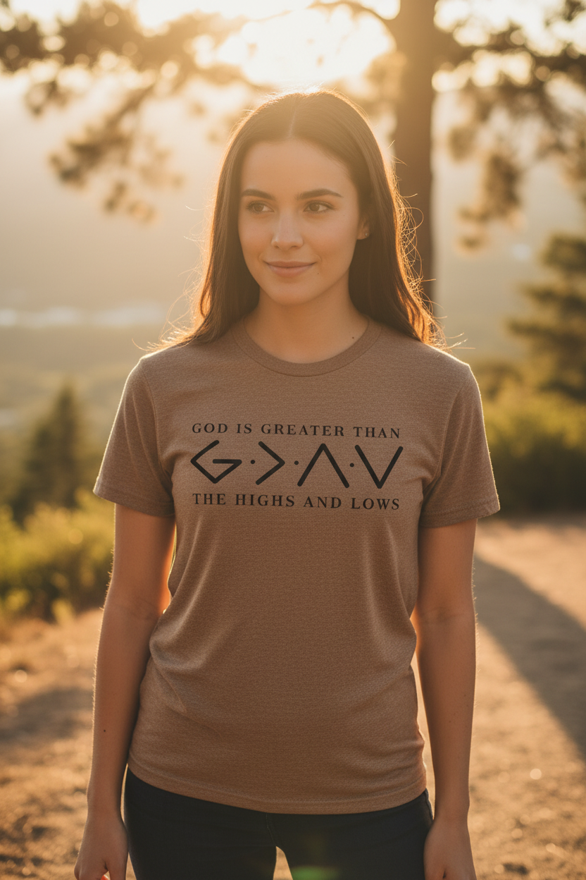 "Woman wearing God Is Greater Than The Highs And Lows Christian t-shirt in Cocoa Mist 