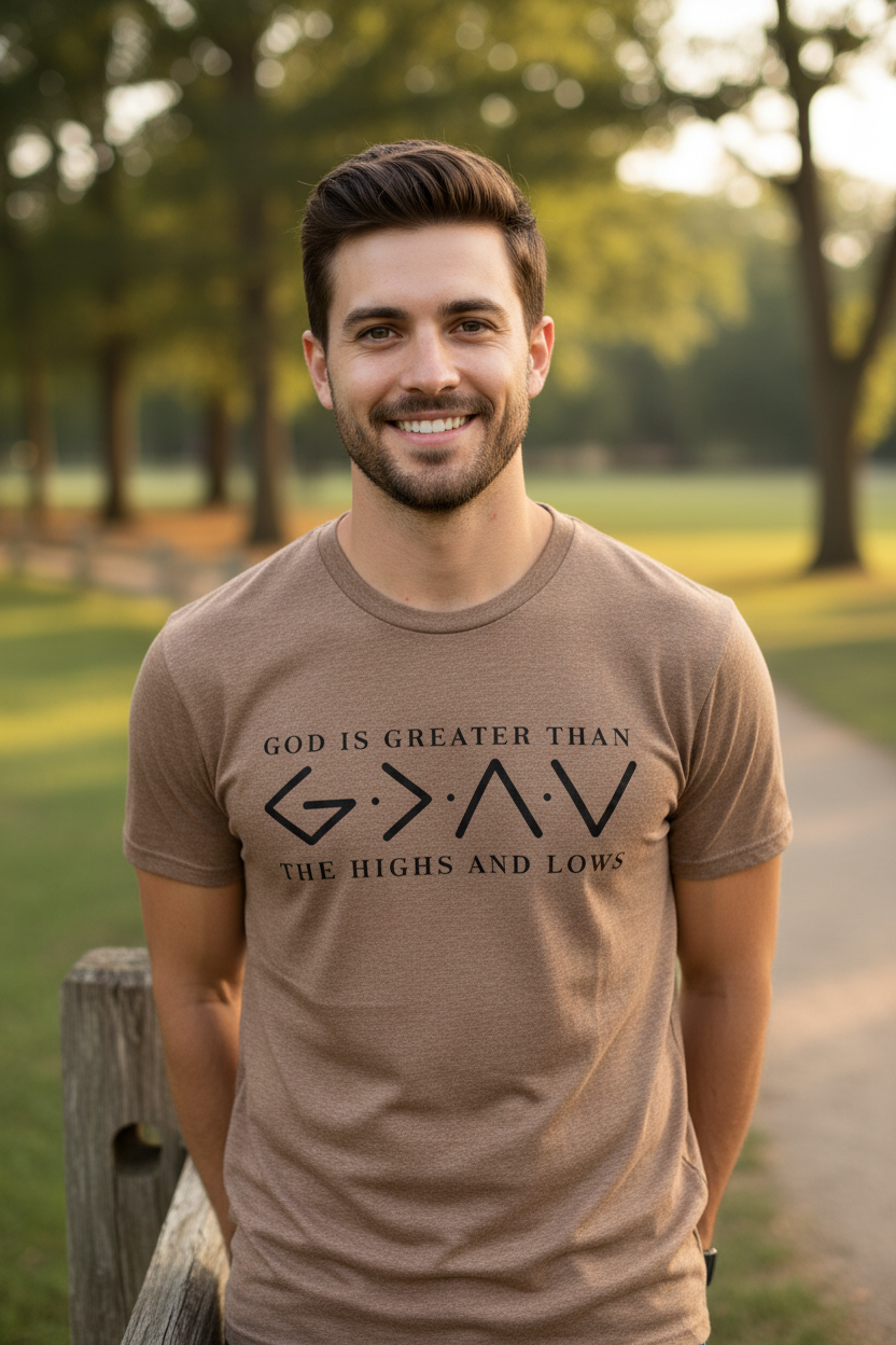 "Man wearing God Is Greater Than The Highs And Lows Christian t-shirt in Cocoa Mist 