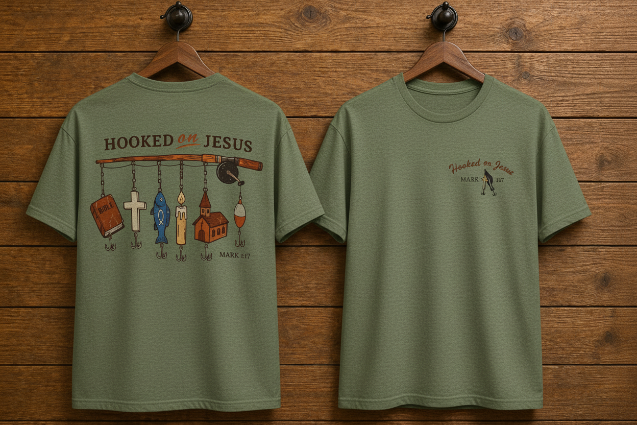 Heathered Military Green t-shirt with 'Hooked on Jesus' design on a wooden background