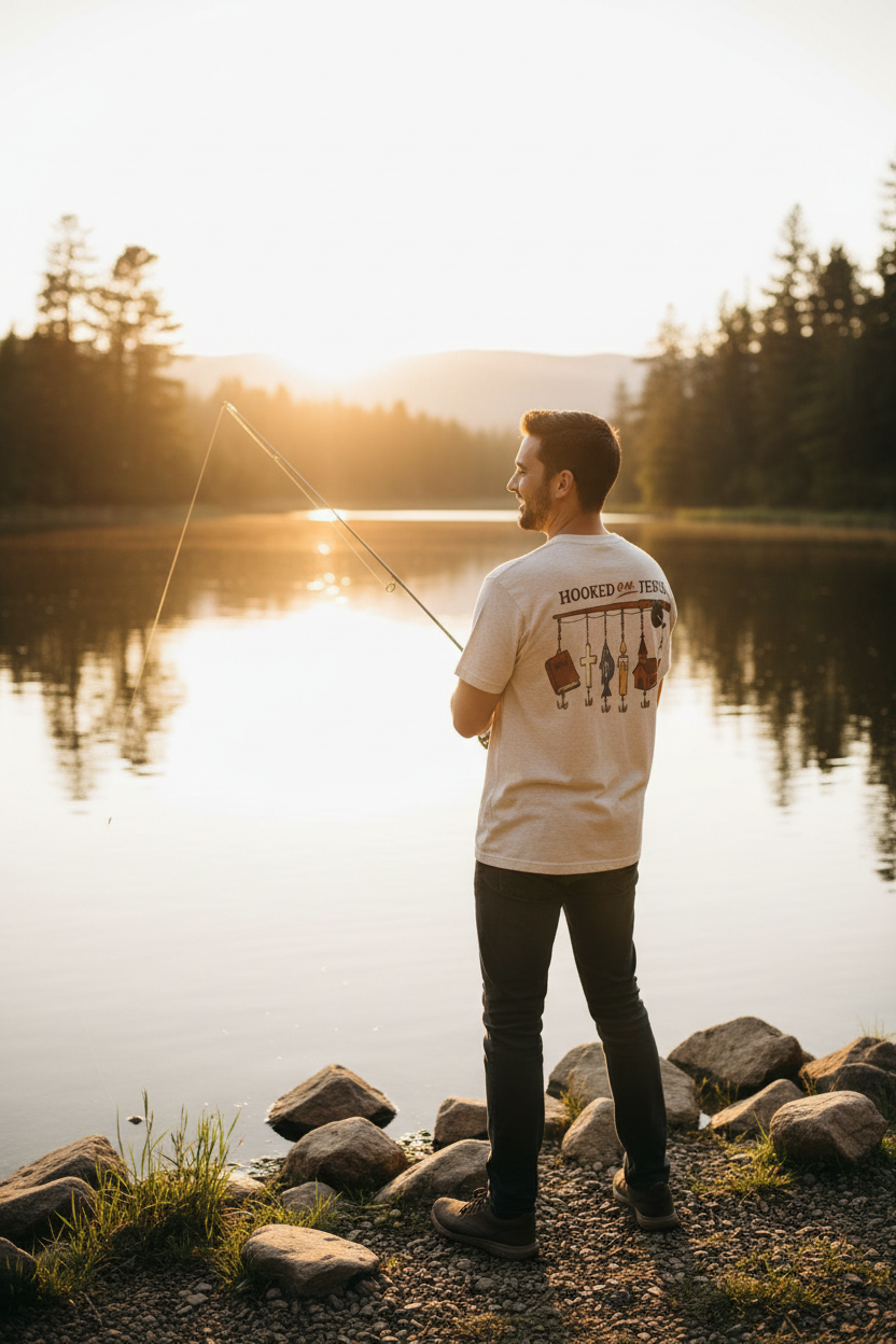 Man fishing by a lake at sunset with a sunset shirt on