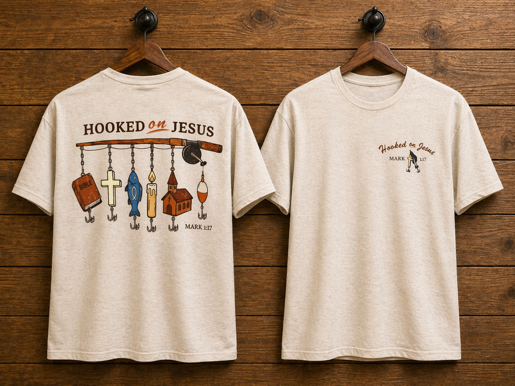"Hooked on Jesus Mark 1:17 Christian fishing graphic tee — faith-inspired front and back design by Pressed in Faith by Anna"