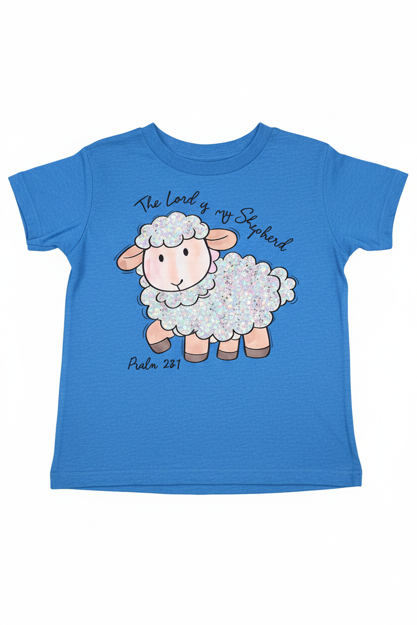 "The Lord Is My Shepherd kids Christian t-shirt in Blue— colorful lamb Psalm 23:1 by Pressed in Faith by Anna"