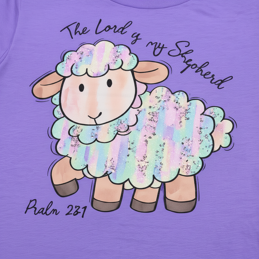 "Close-up of colorful lamb graphic on kids Christian t-shirt — The Lord Is My Shepherd Psalm 23:1 by Pressed in Faith by Anna"