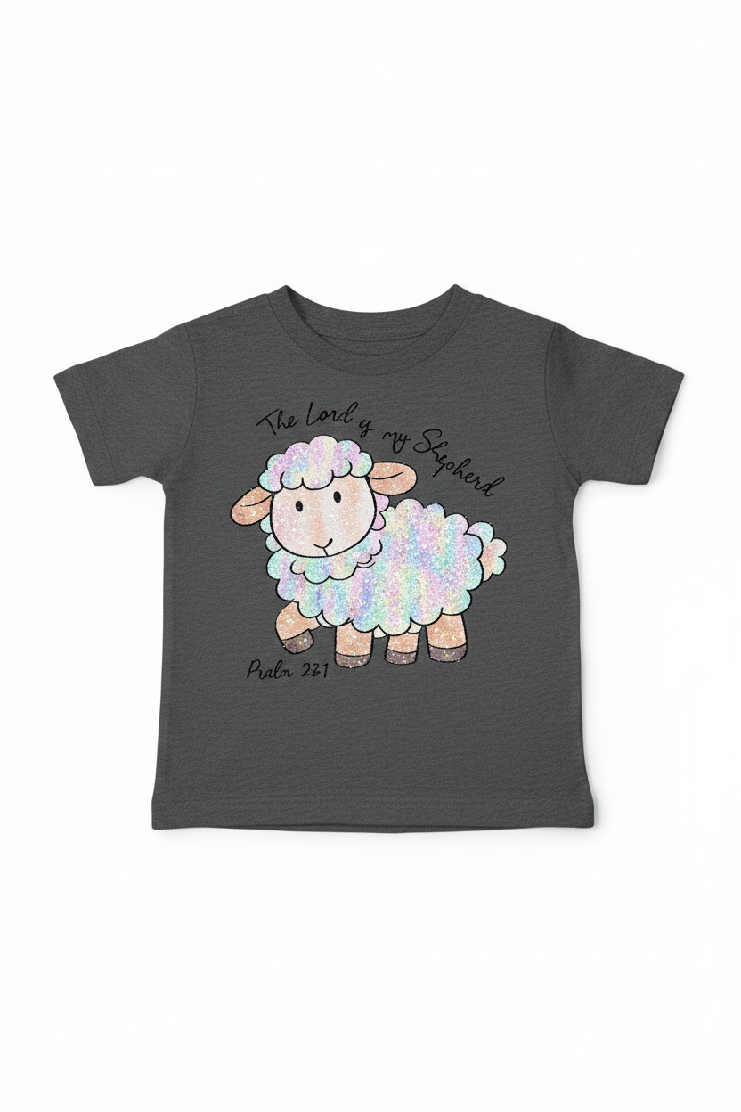 "The Lord Is My Shepherd kids Christian t-shirt in Heather Dark Grey —colorful lamb Psalm 23:1 by Pressed in Faith by Anna"