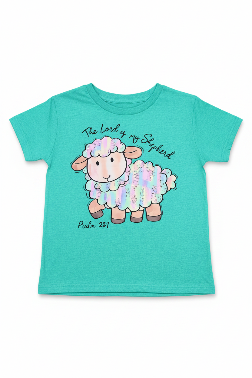 "The Lord Is My Shepherd kids Christian t-shirt in Heather Galapagos Blue —colorful lamb Psalm 23:1 by Pressed in Faith by Anna"