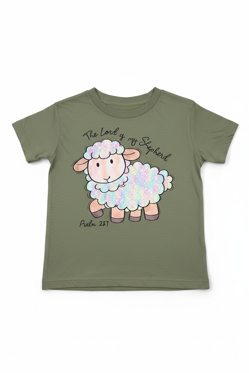 "The Lord Is My Shepherd kids Christian t-shirt in Heather Military Green — colorful lamb Psalm 23:1 by Pressed in Faith by Anna"