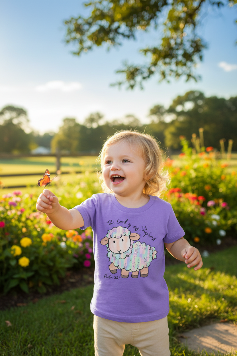 "Toddler wearing The Lord Is My Shepherd kids Christian t-shirt —  colorful lamb Psalm 23:1 tee by Pressed in Faith by Anna"