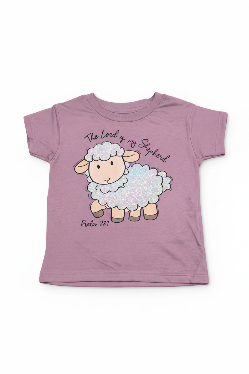 "The Lord Is My Shepherd kids Christian t-shirt in Plumrose — colorful lamb Psalm 23:1 by Pressed in Faith by Anna"