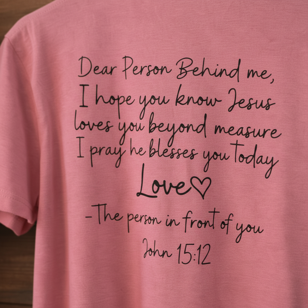  "Close-up of Dear Person Behind Me back graphic on Love Like Jesus Christian t-shirt — elegant handwritten prayer script with John 15:12 by Pressed in Faith by Anna"