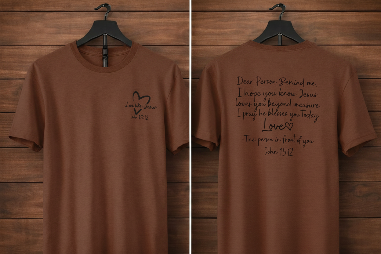 "Love Like Jesus John 15:12 front and back Christian t-shirt in Cocoa Mist  — Love Like Jesus heart front and Dear Person Behind Me prayer back by Pressed in Faith by Anna"