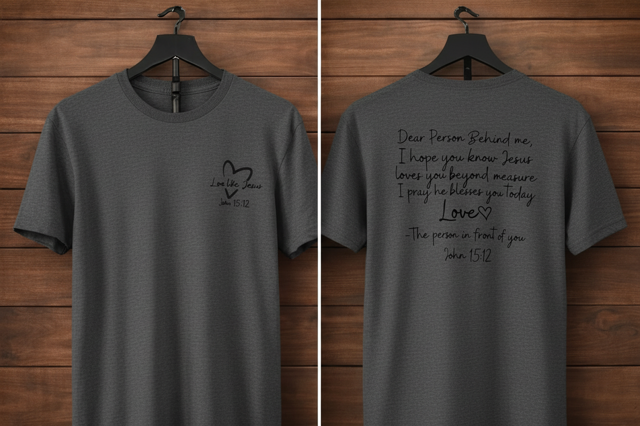 "Love Like Jesus John 15:12 front and back Christian t-shirt in Heather Dark Grey — Love Like Jesus heart front and Dear Person Behind Me prayer back by Pressed in Faith by Anna"