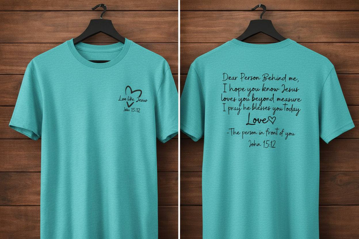"Love Like Jesus John 15:12 front and back Christian t-shirt in Heather Galapagos Blue — Love Like Jesus heart front and Dear Person Behind Me prayer back by Pressed in Faith by Anna"