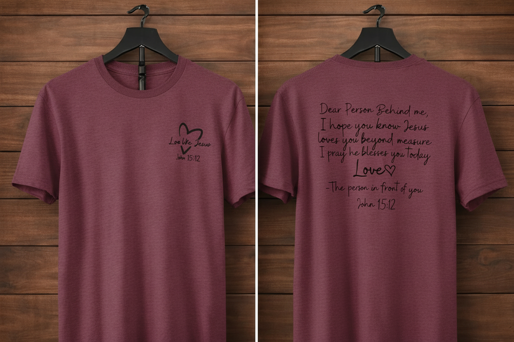 "Love Like Jesus John 15:12 front and back Christian t-shirt in Heather Maroon — Love Like Jesus heart front and Dear Person Behind Me prayer back by Pressed in Faith by Anna"