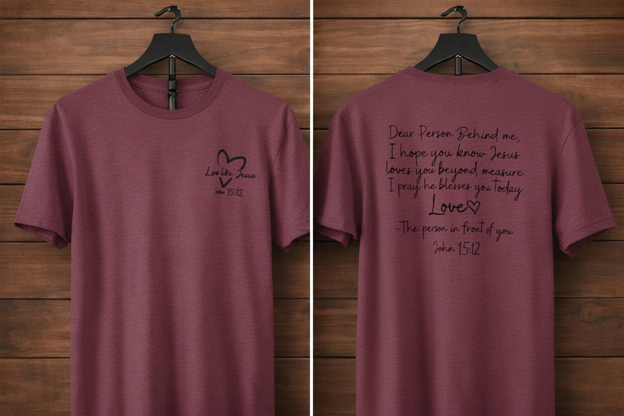 "Love Like Jesus John 15:12 front and back Christian t-shirt in Heather Maroon — Love Like Jesus heart front and Dear Person Behind Me prayer back by Pressed in Faith by Anna"