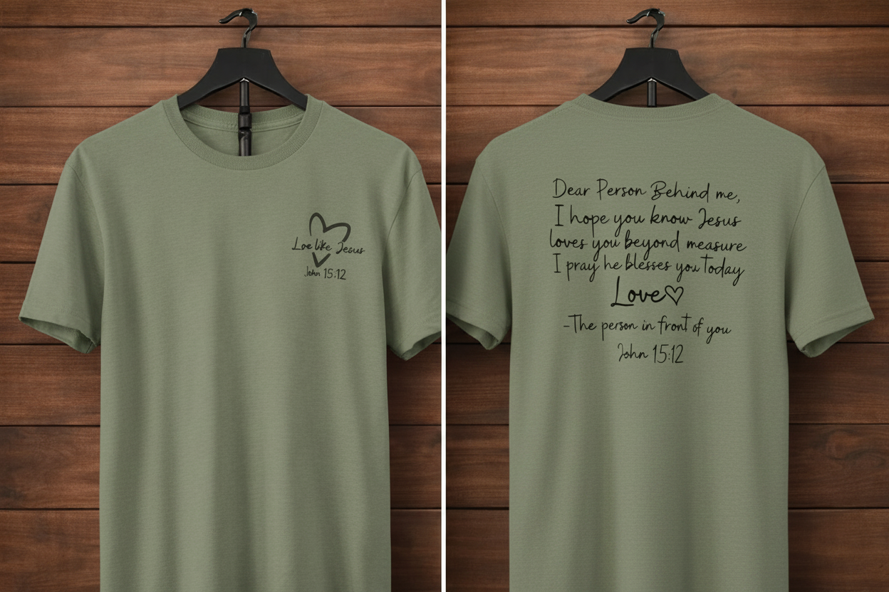 "Love Like Jesus John 15:12 front and back Christian t-shirt in Heather Military Green — Love Like Jesus heart front and Dear Person Behind Me prayer back by Pressed in Faith by Anna"