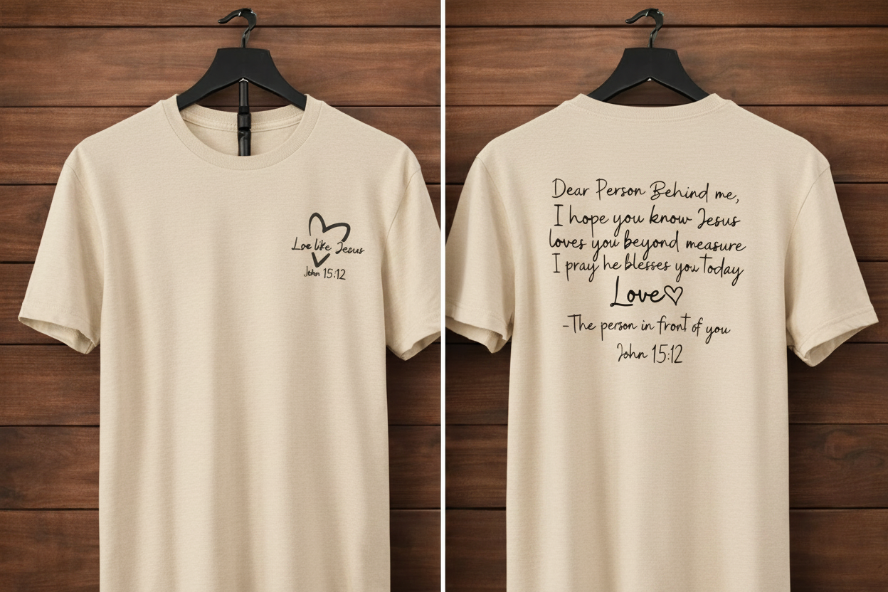 "Love Like Jesus John 15:12 front and back Christian t-shirt in Heather Oatmeal — Love Like Jesus heart front and Dear Person Behind Me prayer back by Pressed in Faith by Anna"