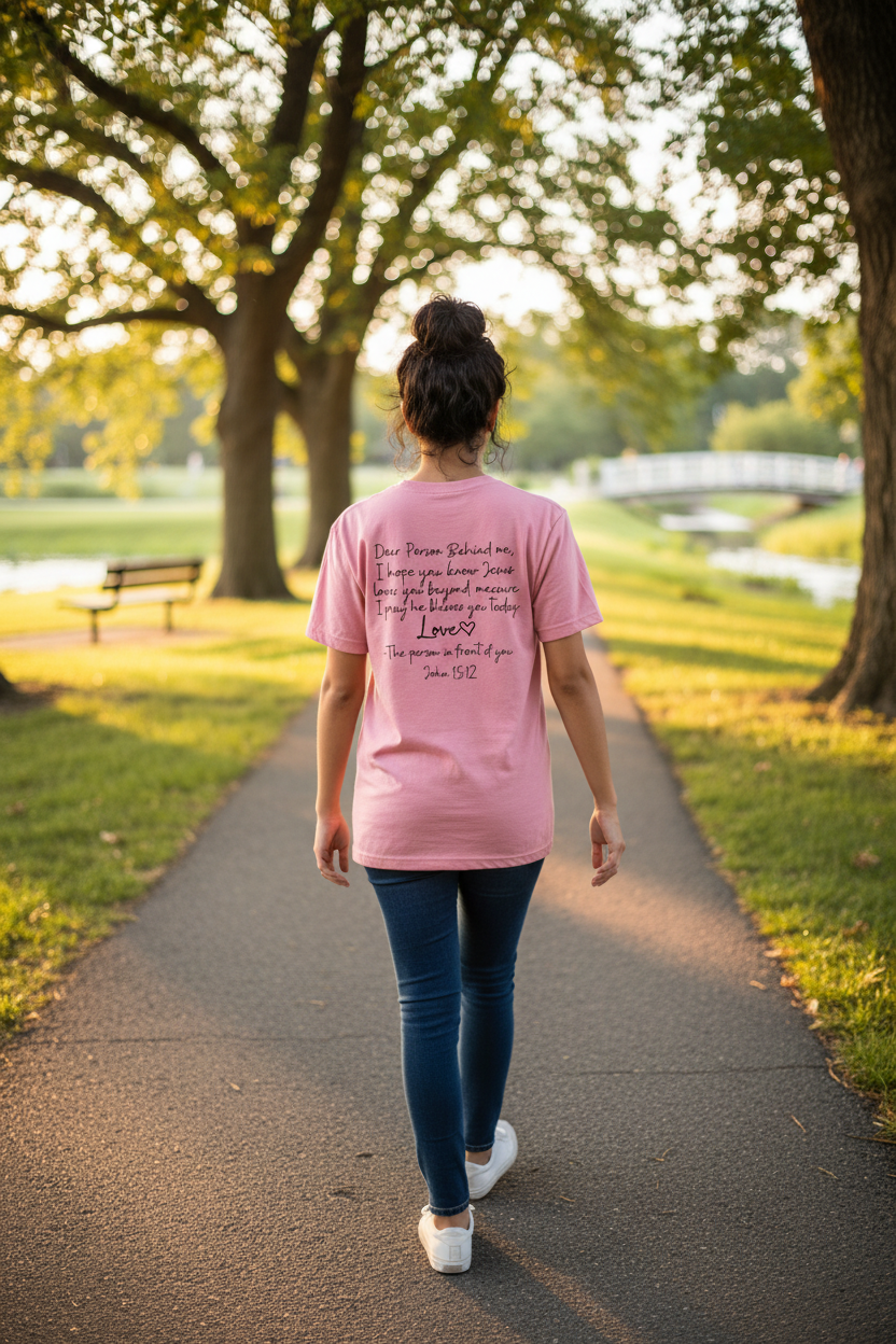  "Person showing back of Love Like Jesus John 15:12 Christian t-shirt — Dear Person Behind Me prayer letter back design in Light Pink by Pressed in Faith by Anna"