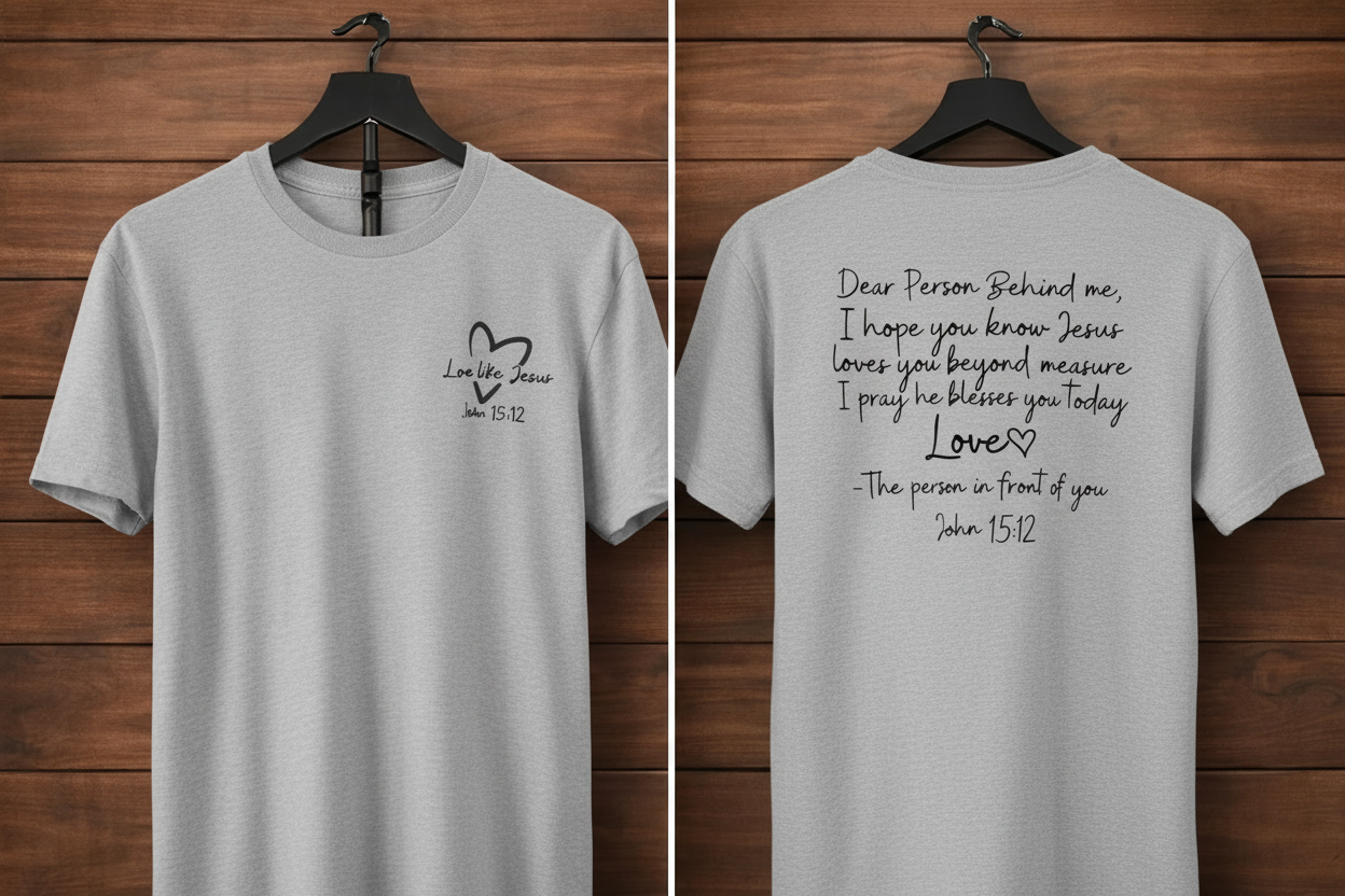 "Love Like Jesus John 15:12 front and back Christian t-shirt in Sport Grey — Love Like Jesus heart front and Dear Person Behind Me prayer back by Pressed in Faith by Anna"