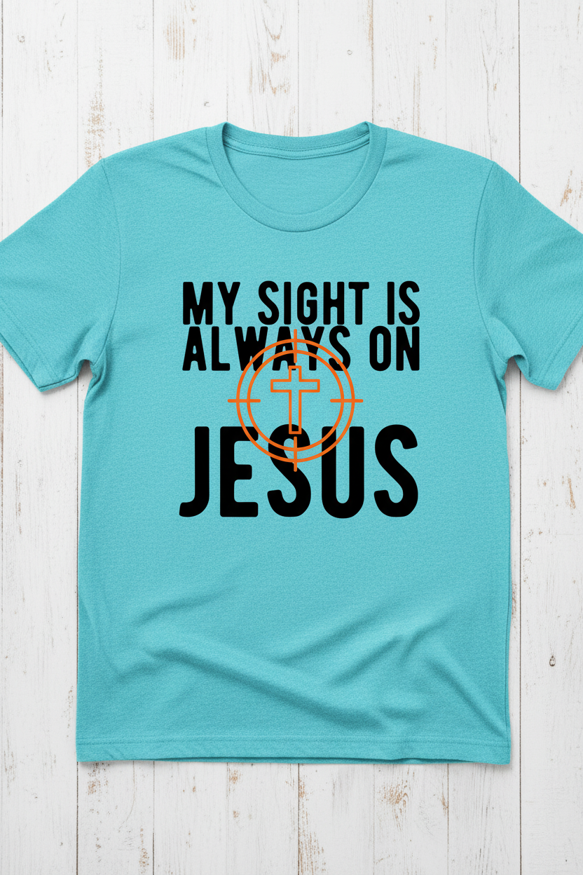  "My Sight Is Always On Jesus Christian t-shirt in Heather Galapagos Blue — bold cross-scope graphic by Pressed in Faith by Anna"