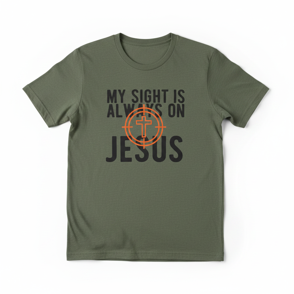 Heathered Military Green t-shirt with text 'My sight is always on Jesus' featuring a cross and target design.
