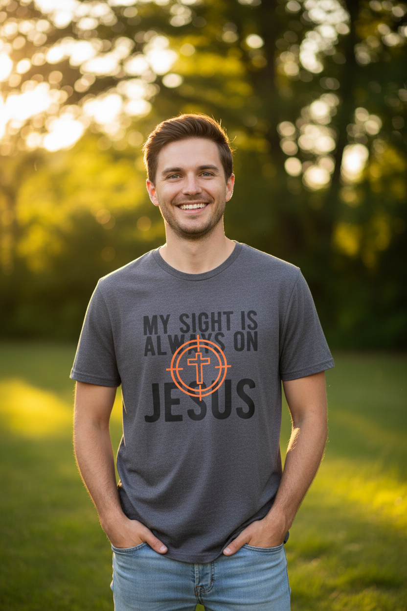"My Sight Is Always On Jesus Christian graphic tee with cross-scope design — faith-inspired unisex t-shirt by Pressed in Faith by Anna"