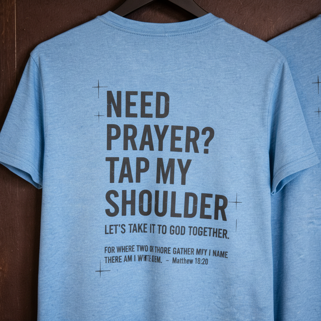 "Close-up of Need Prayer? Tap My Shoulder back graphic — bold prayer invitation text with Matthew 18:20 scripture on Christian t-shirt by Pressed in Faith by Anna"
