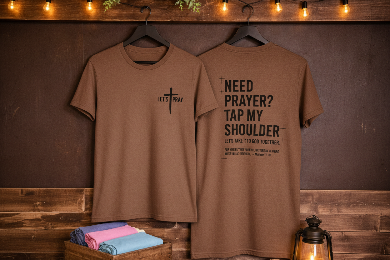  "Need Prayer? Tap My Shoulder front and back Christian t-shirt in Cocoa Mist — Let's Pray cross and Matthew 18:20 by Pressed in Faith by Anna"