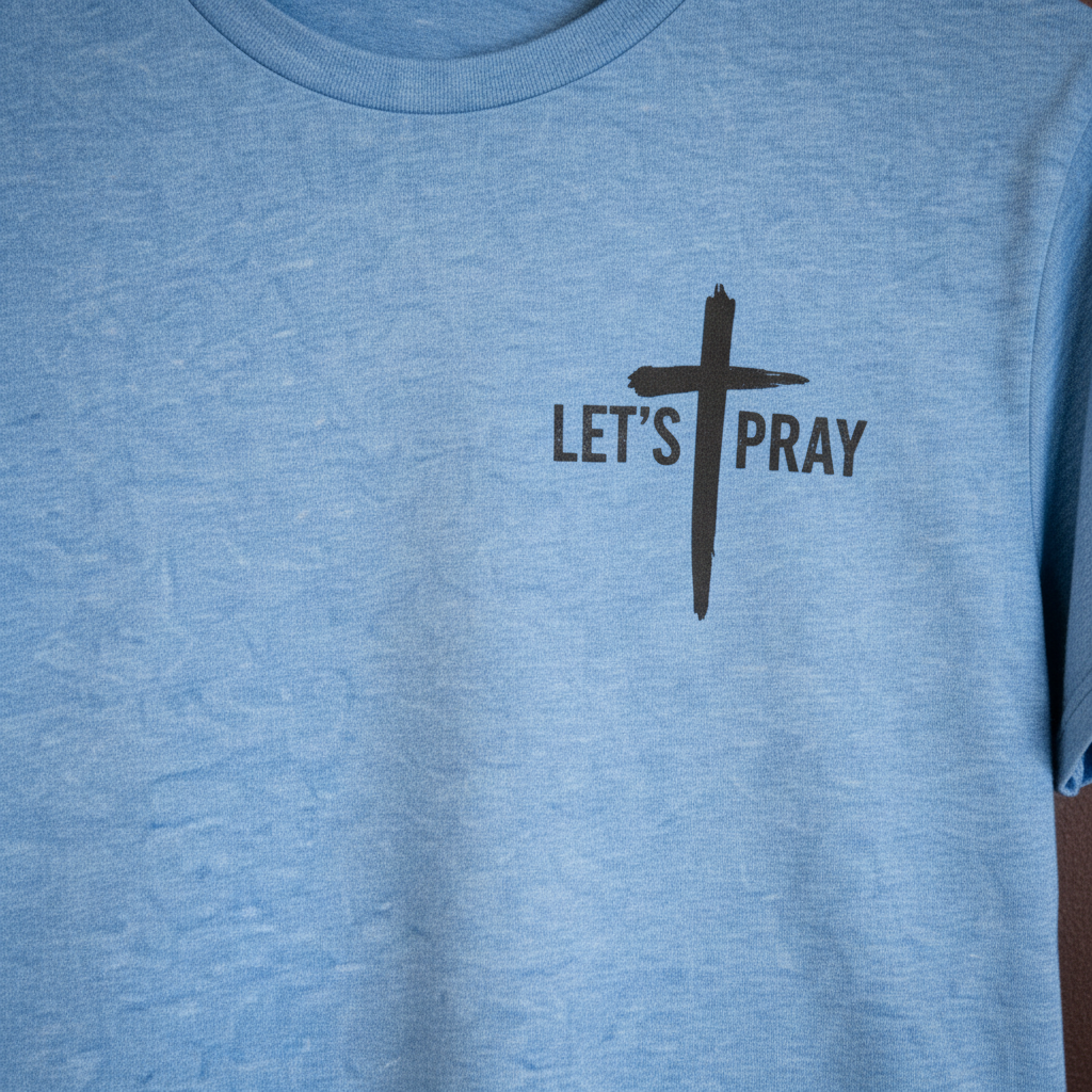 "Close-up of Let's Pray cross chest graphic on Need Prayer? Tap My Shoulder Christian t-shirt in Blue by Pressed in Faith by Anna"