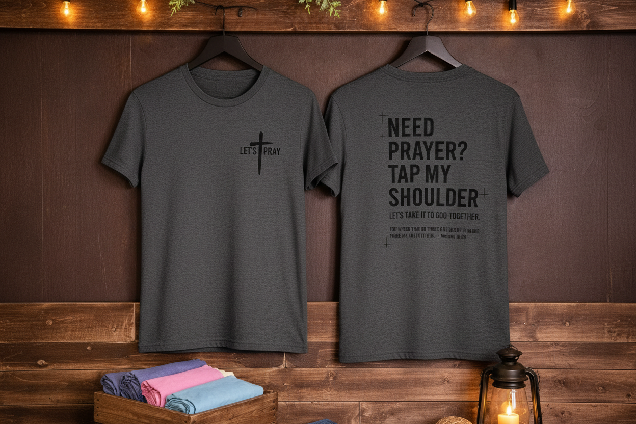 "Need Prayer? Tap My Shoulder front and back Christian t-shirt in Heather Dark Grey — Let's Pray cross and Matthew 18:20 by Pressed in Faith by Anna"
