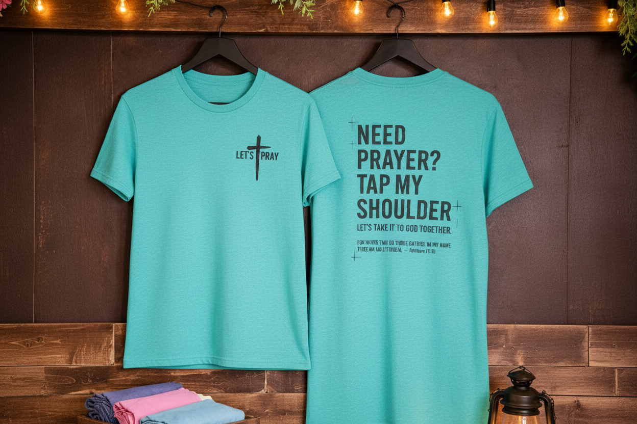 "Need Prayer? Tap My Shoulder front and back Christian t-shirt in Heather Galapagos Blue — Let's Pray cross and Matthew 18:20 by Pressed in Faith by Anna"