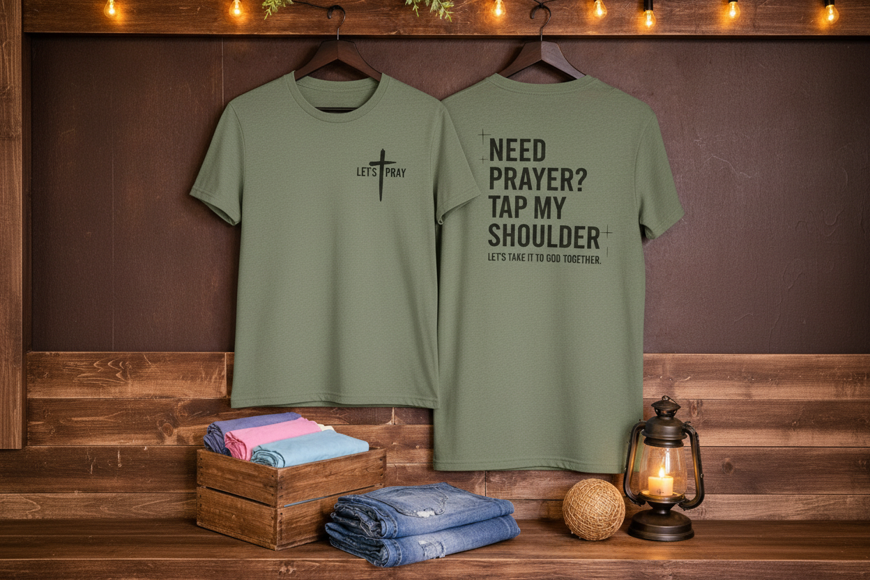  "Need Prayer? Tap My Shoulder front and back Christian t-shirt in Heather Military Green — Let's Pray cross and Matthew 18:20 by Pressed in Faith by Anna"