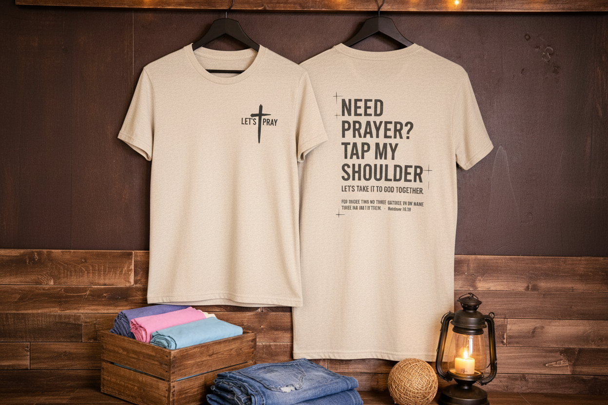 "Need Prayer? Tap My Shoulder front and back Christian t-shirt in Heather Oatmeal — Let's Pray cross and Matthew 18:20 by Pressed in Faith by Anna"