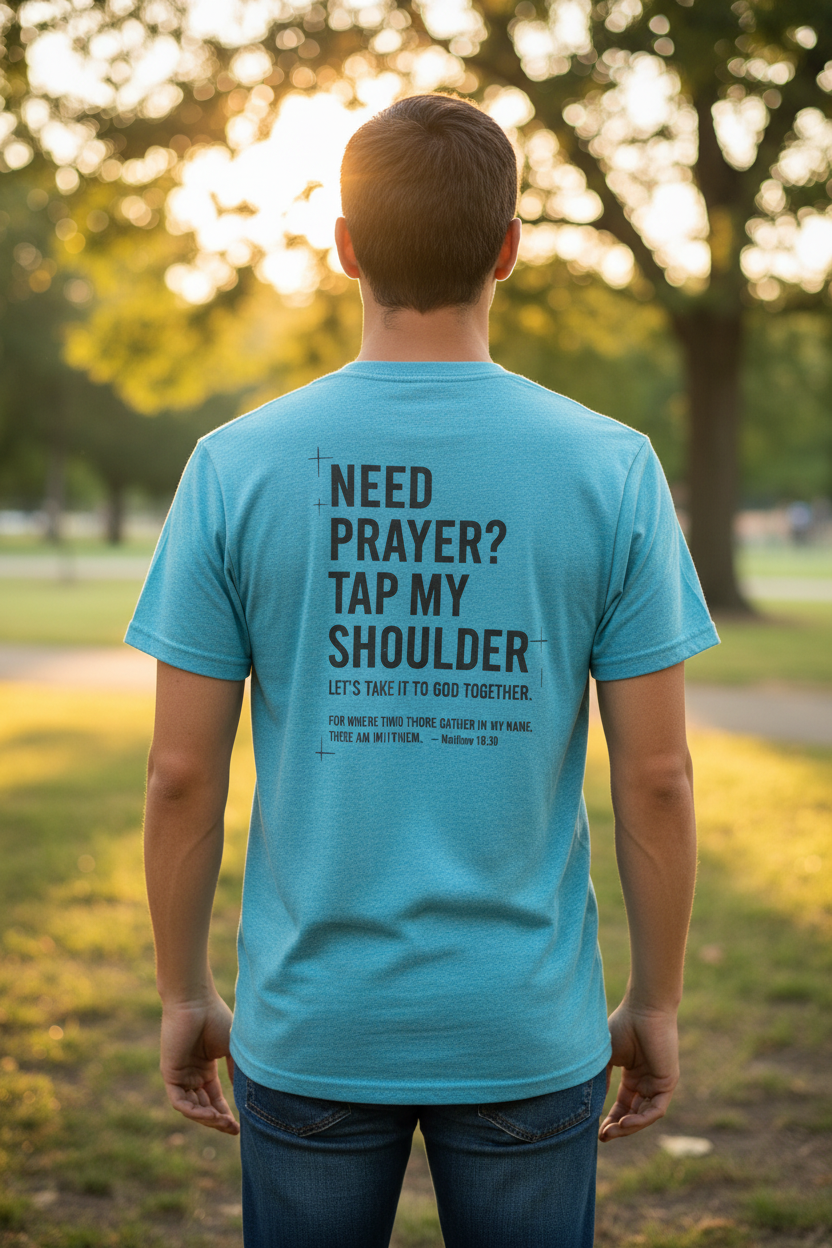 "Person showing back of Need Prayer? Tap My Shoulder Christian t-shirt — Let's Pray cross front and Matthew 18:20 prayer invitation back by Pressed in Faith by Anna"
