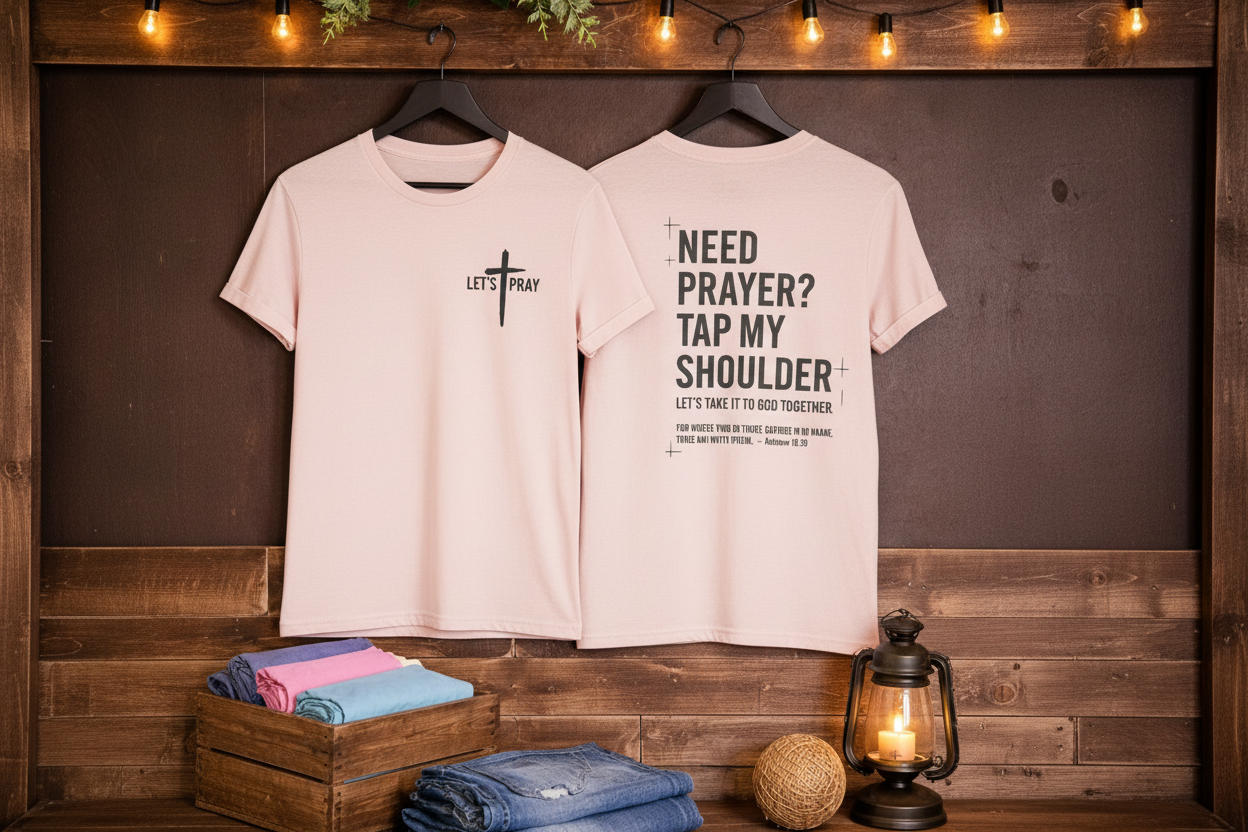  "Need Prayer? Tap My Shoulder front and back Christian t-shirt in Light Pink — Let's Pray cross and Matthew 18:20 by Pressed in Faith by Anna"