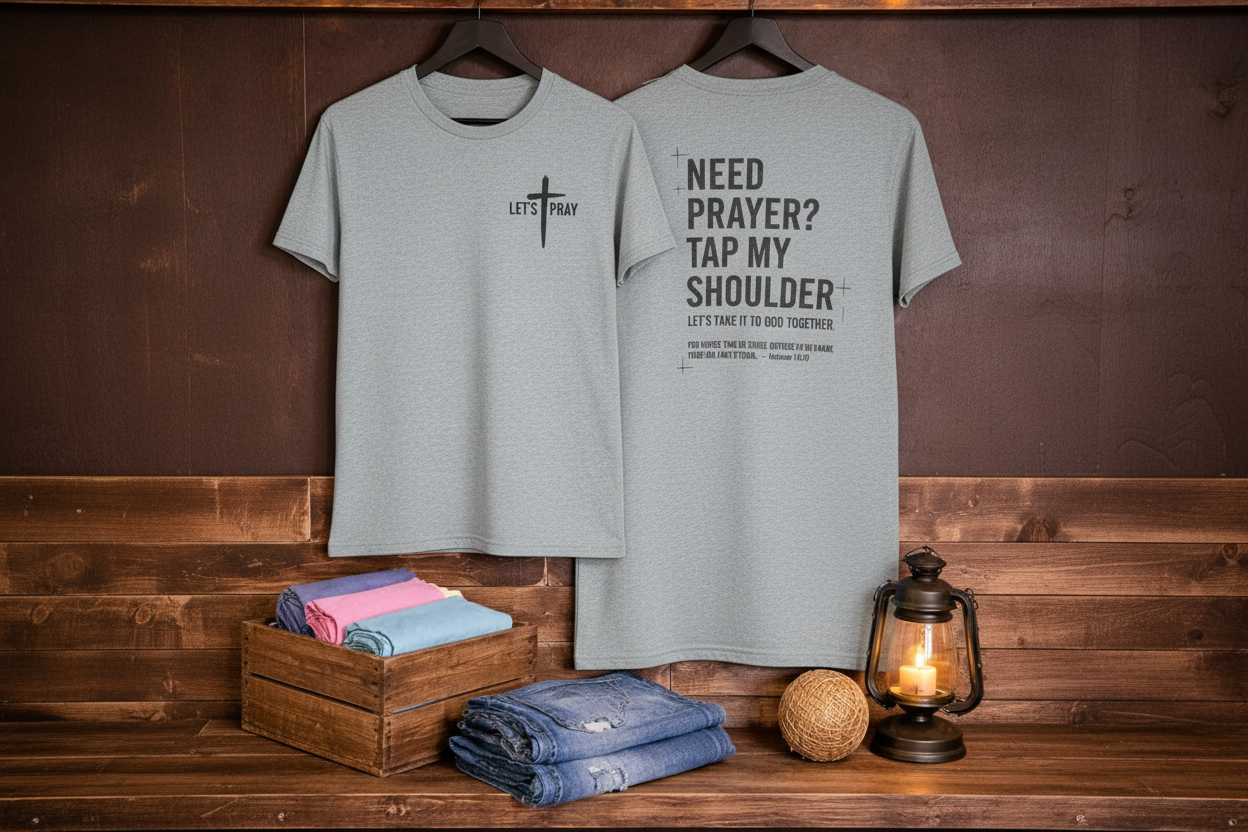 "Need Prayer? Tap My Shoulder front and back Christian t-shirt in Sport Grey — Let's Pray cross and Matthew 18:20 by Pressed in Faith by Anna"