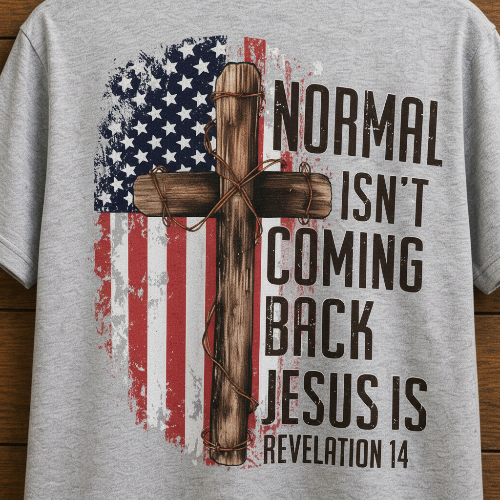 "Close-up of Normal Isn't Coming Back Jesus Is back graphic — American flag wooden cross Revelation 14 bold Christian t-shirt by Pressed in Faith by Anna"
